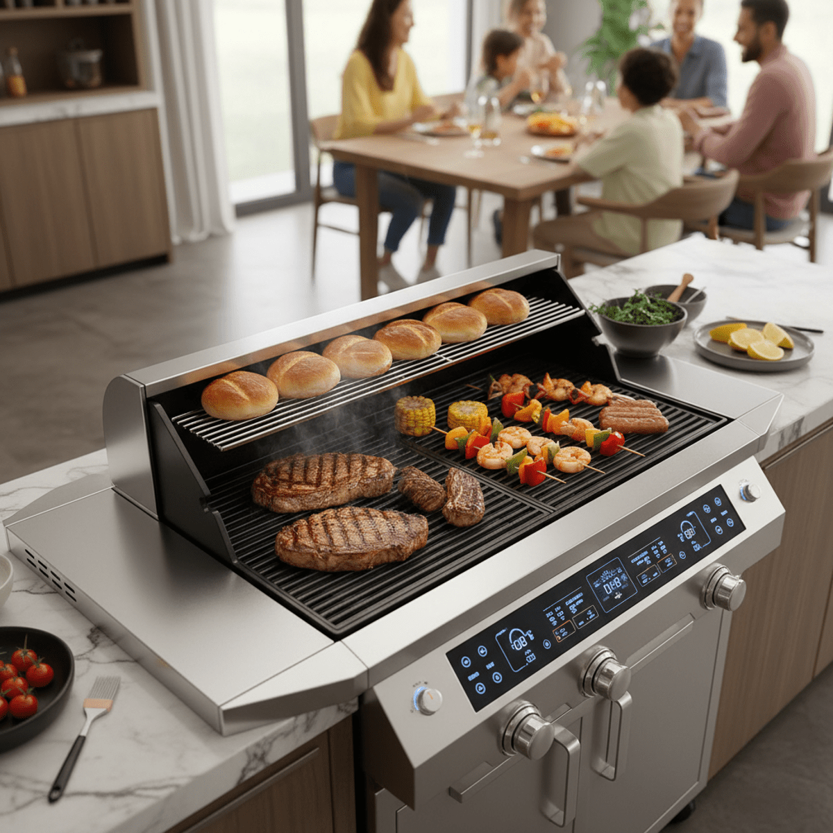 Abundant family feast on a spacious indoor grill Overhead view of a fully loaded indoor grill with diverse foods for a family gathering.