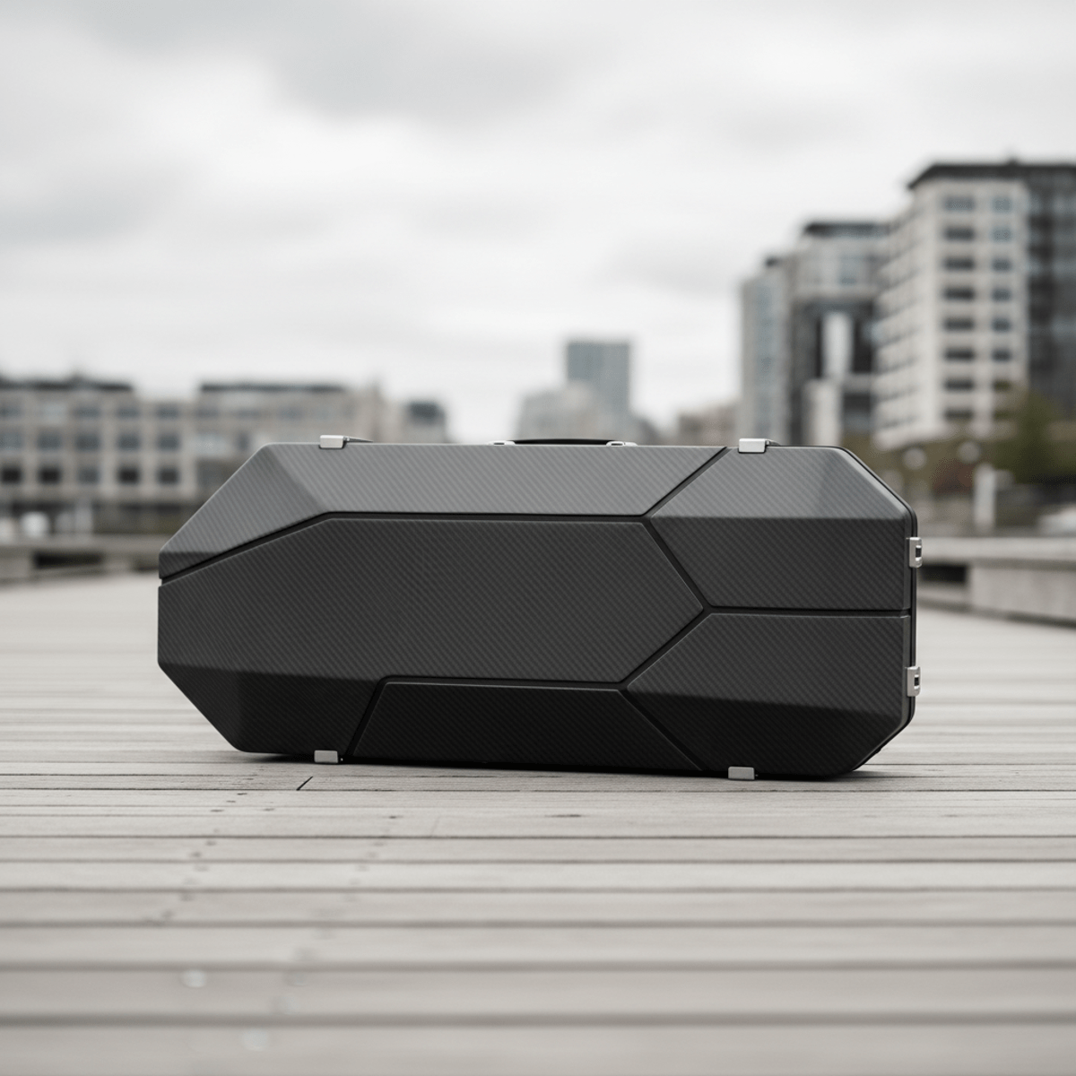 Portable carbon fiber kayak folded into a sleek suitcase on an urban dock.