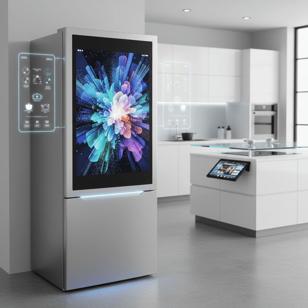 Sleek futuristic refrigerator with AI touchscreen and ambient LED lighting in a modern kitchen.