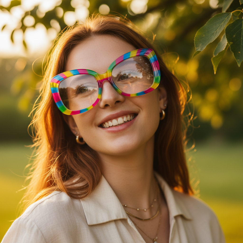Oversized candy-colored jelly acetate eyeglasses in vivid hues under golden hour sunlight.