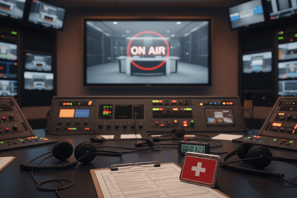 Control room desk with incident checklist and medical badge under warm lights, symbolizing rapid crisis management