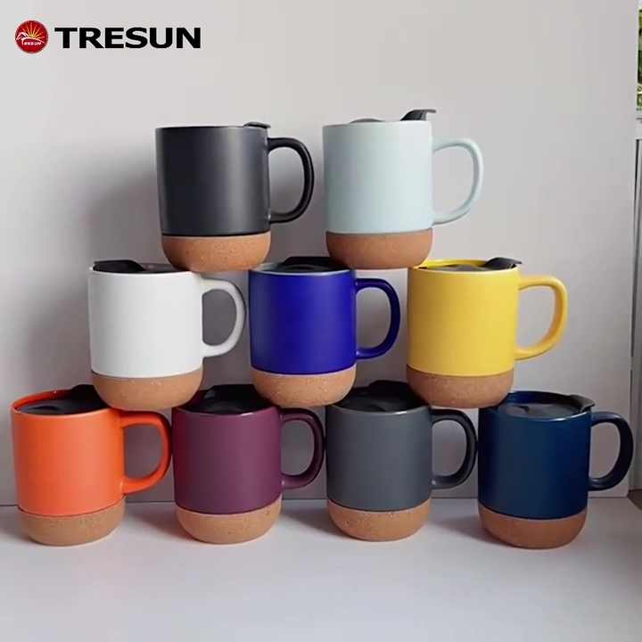 12 15 16 oz Custom Logo Nordic Matte Grey Black Glaze Cork Base Ceramic  Coffee Cup Mug With Cork Bottom and Splash Proof Lid