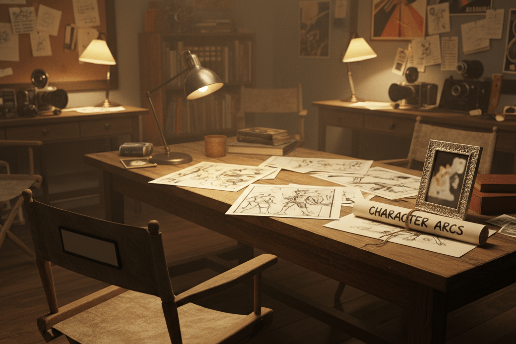 Vintage film production office with storyboard sketches, a rolled-up script, and an empty director’s chair under warm ambient light, symbolizing character arc completion