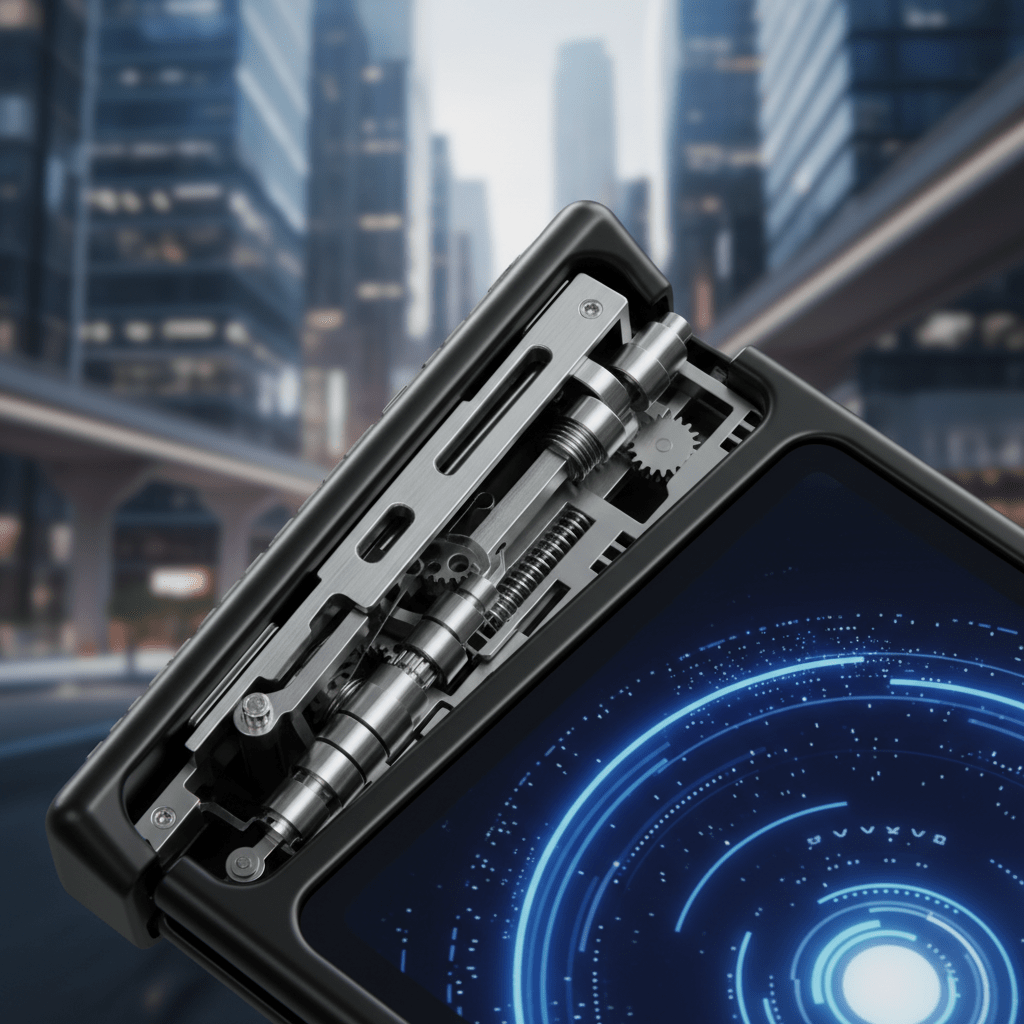 Advanced hinge mechanism of a mid-fold foldable smartphone with a crease-free OLED screen.