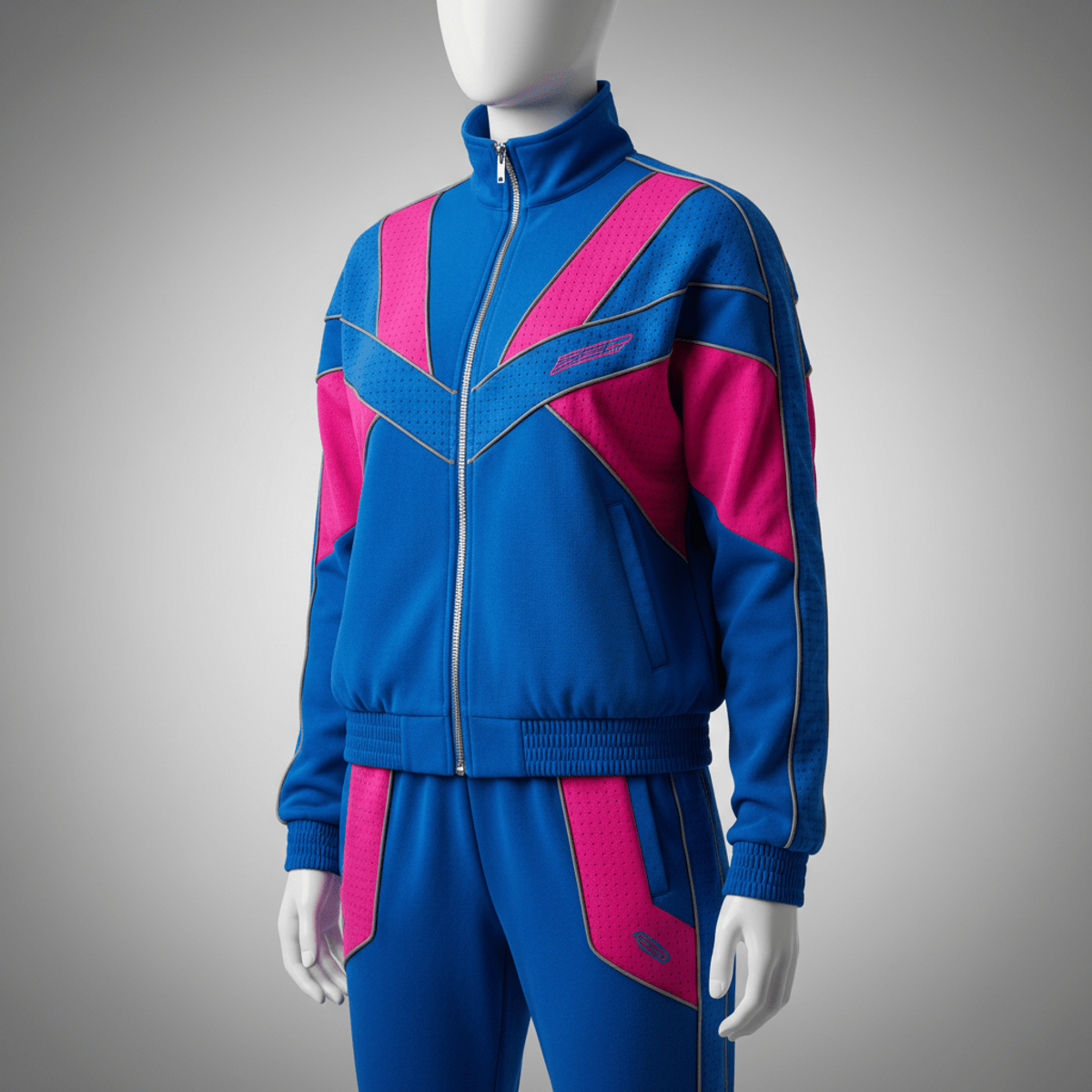 Close-up of an 80s urban fashion tracksuit with electric blue and hot pink geometric blocks.