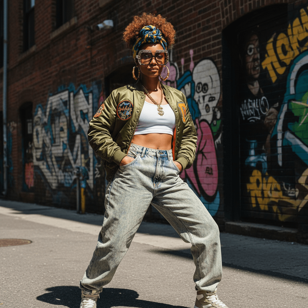 Woman in 80s hip hop style with architectural tortoiseshell glasses on city street.