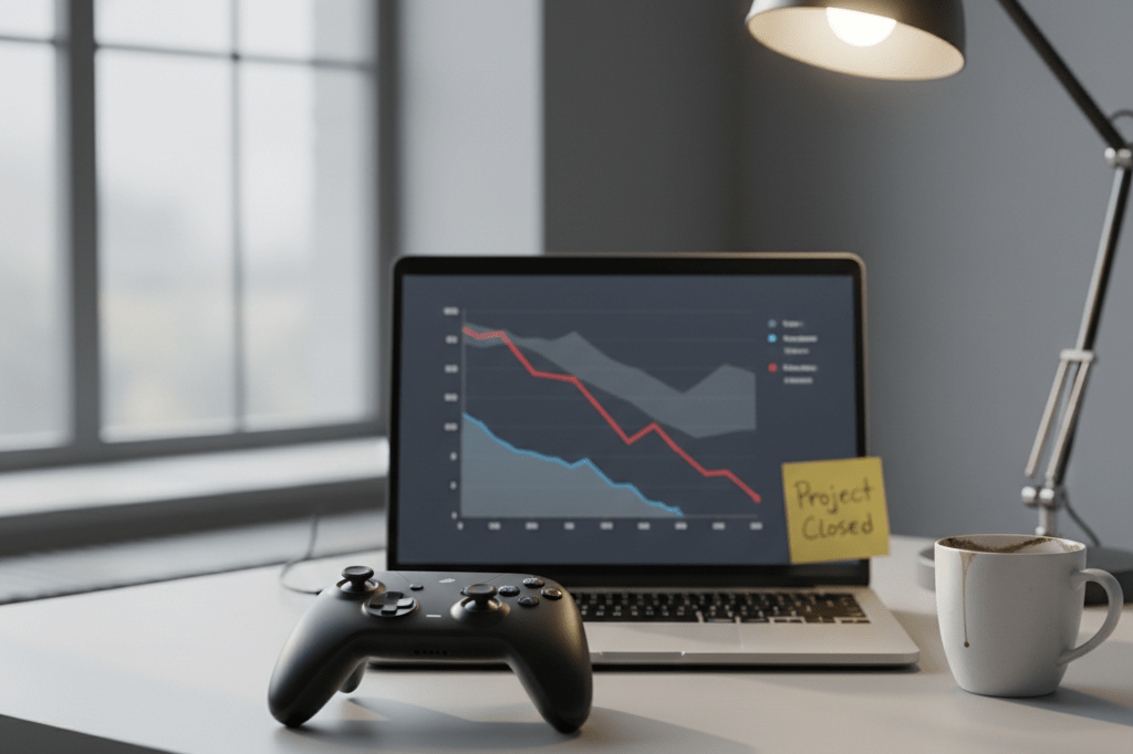 Desolate gaming office desk with controller and declining revenue charts under soft natural light