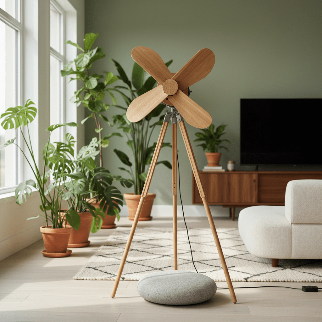 Modern fan with bamboo legs and oak blades in a bright, plant-filled living room.