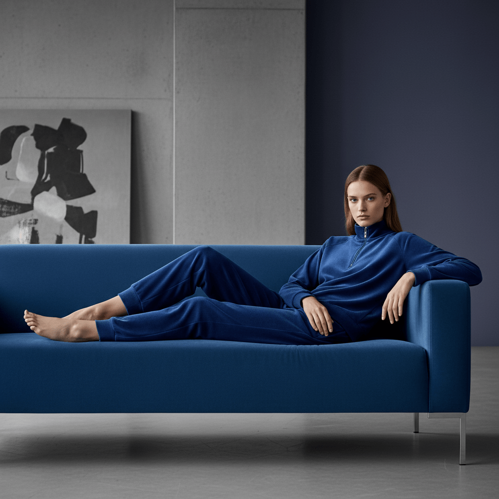 Model in sapphire blue velvet tracksuit on sofa in contemporary loft.