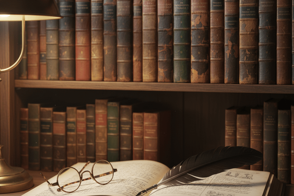 Close-up of vintage books, quill pen, and journal under natural light, representing rediscovery of overlooked value