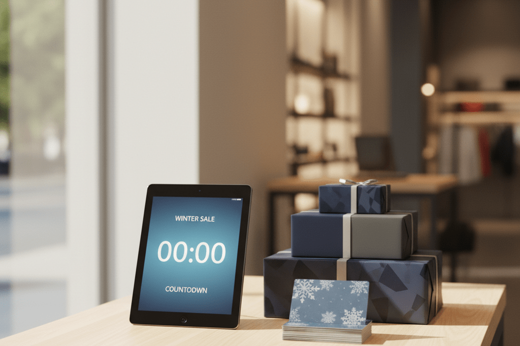 Medium shot of a tablet with countdown timer, gift cards, and wrapped boxes on a minimalist retail table under natural and warm ambient light