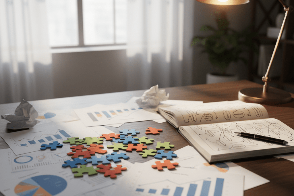 Cluttered desk with puzzle pieces and charts under warm light showing business analysis workflow