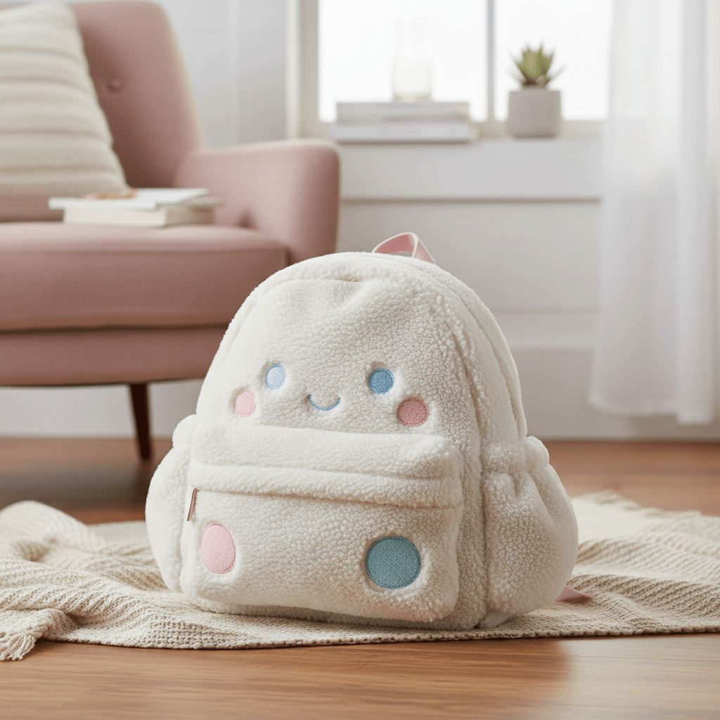 Kawaii cloud backpack made of fluffy sherpa and faux fur in a cozy lifestyle setting.