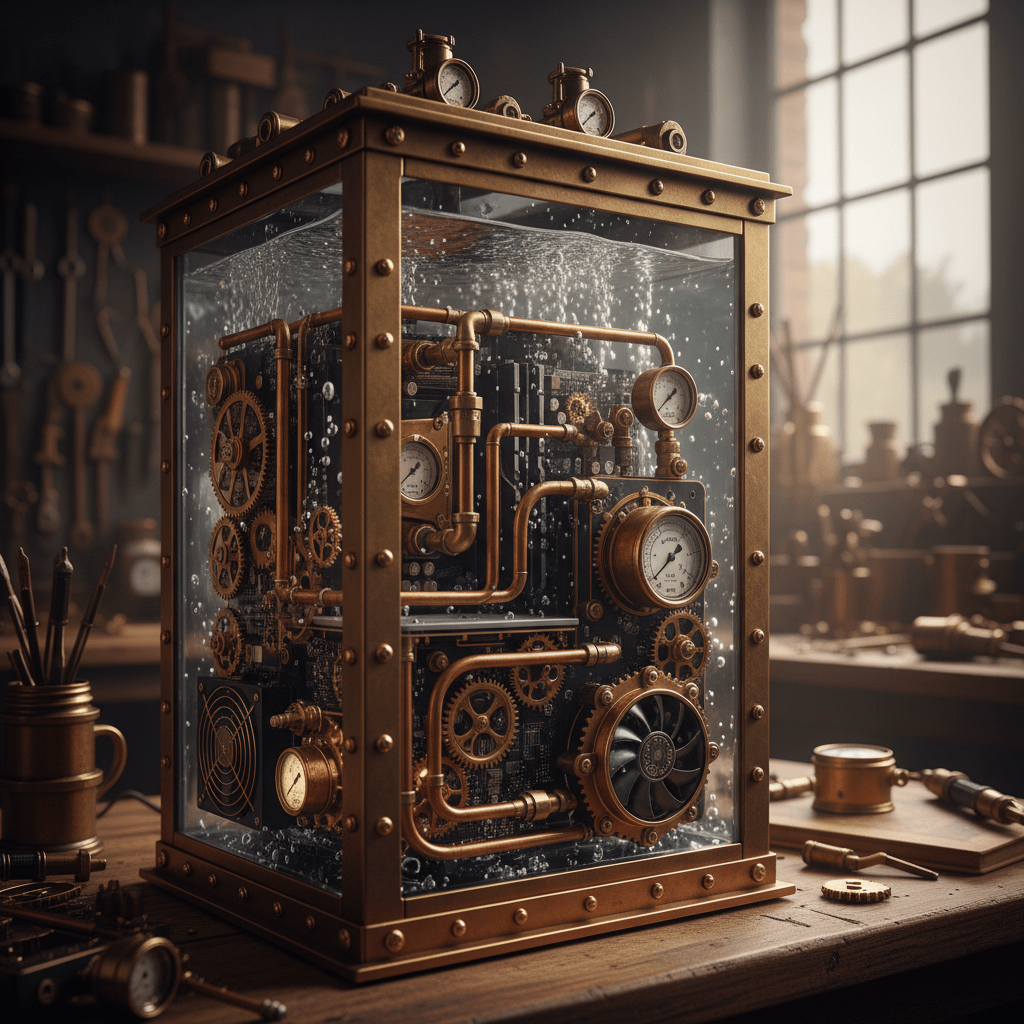 Victorian steampunk PC with brass, copper pipes, and glowing amber lights.