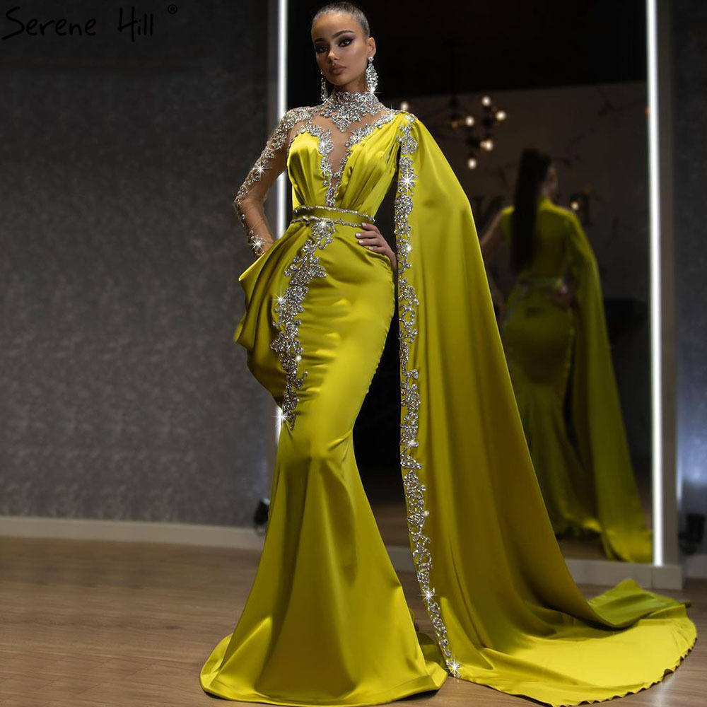 Serene Hill High Collar Beaded Ginger Color Mermaid Evening Gowns Women Long Sleeves Party Dress 2021 With Side Train LA70869