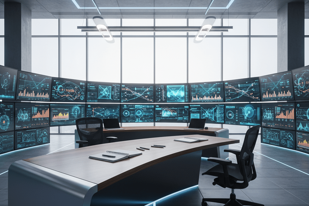 Modern command center with computer monitors showing data visualizations under natural light, symbolizing operational control during disruptions