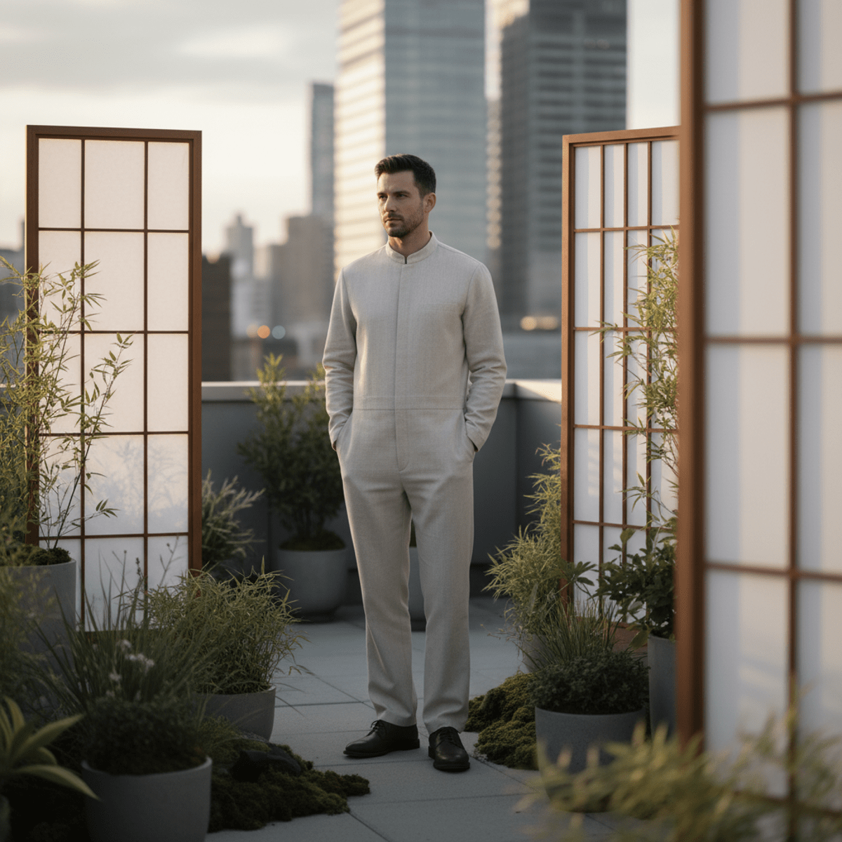 Man in sustainable linen jumpsuit in tranquil urban rooftop garden at golden hour.