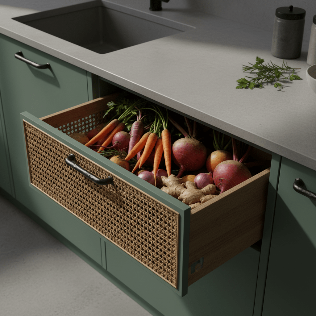 Woven wicker kitchen drawer filled with colorful root vegetables, blending rustic and modern styles.