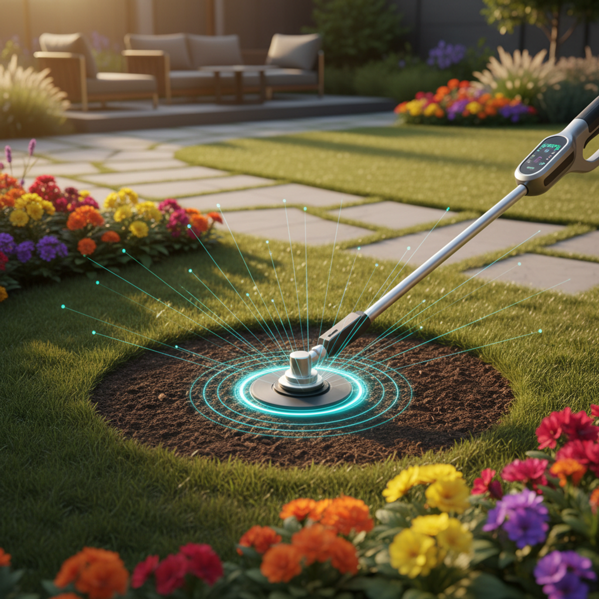 High-tech trimmer sculpts precise flower bed with holographic AR guide.