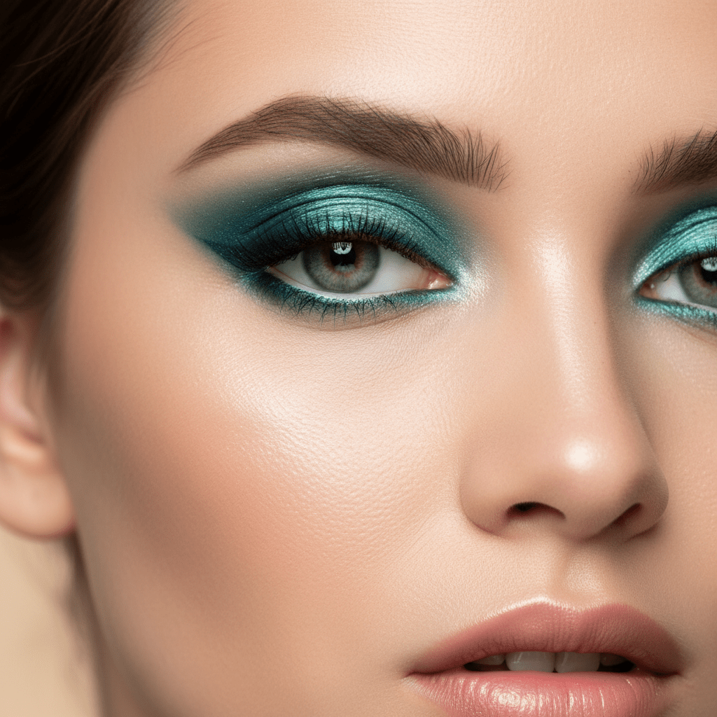 Bold green winged eyeliner with a glossy, wet-look finish and shifting teal tones.