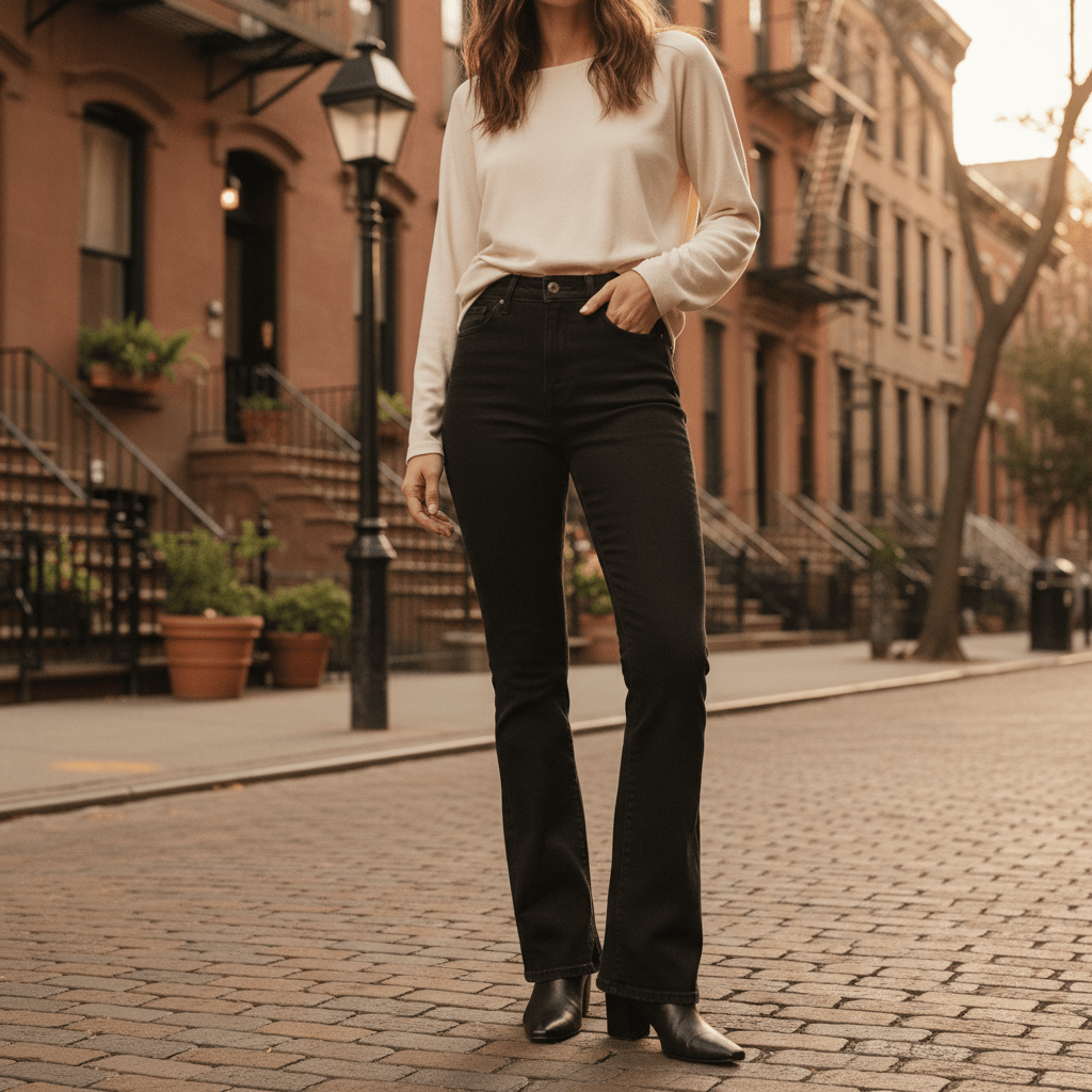 High-waisted boot-cut jeans with a neutral blouse on a city street at golden hour.
