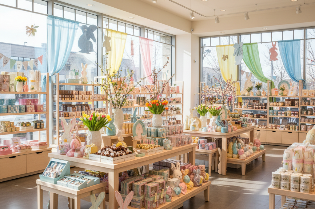 Pastel-colored Easter-themed retail display with bunny ornaments and floral decor under natural light, emphasizing strategic merchandising
