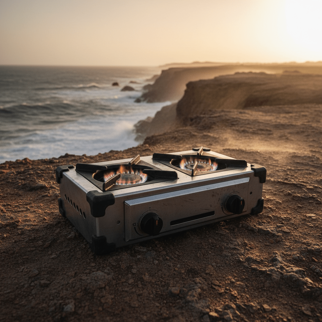 Weatherproof steel gas range with industrial finishes on a dusty cliff.