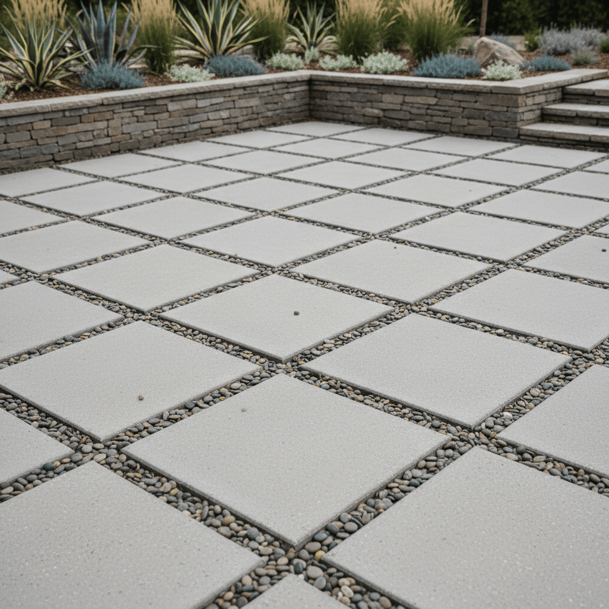 Modern patio with concrete pavers and smooth Mexican beach pebbles in a geometric grid.