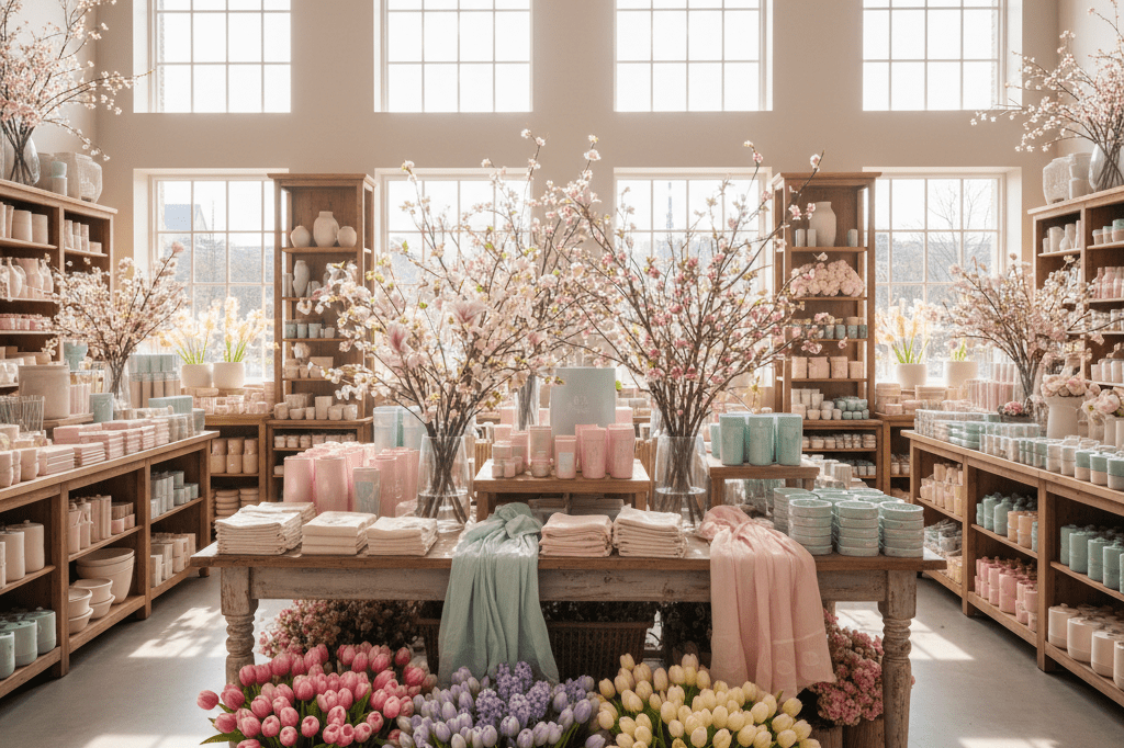 Retail Store Display Transitioning to Spring Seasonal Merchandise Wide shot of a retail space decorated for spring, showcasing pastel products and floral accents under natural lighting