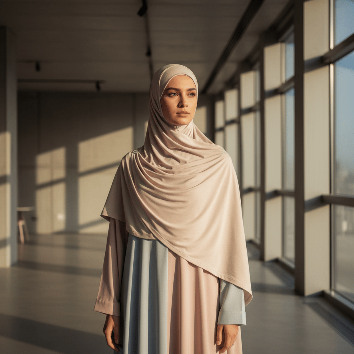Futuristic instant hijab in soft cotton lycra, matte finish. Woman in a modern interior wearing a futuristic instant hijab of soft cotton lycra.