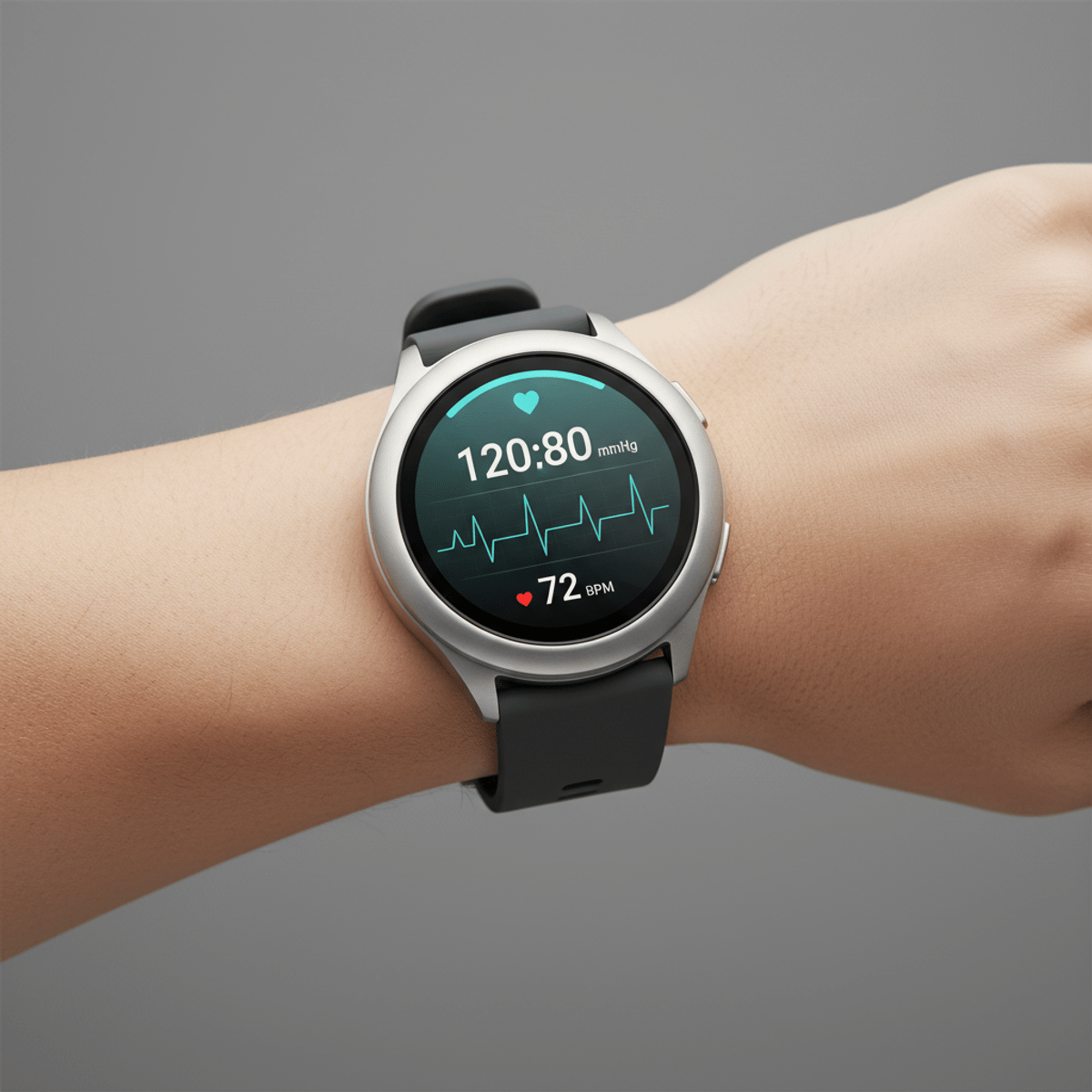 Futuristic heart monitor smartwatch with inflatable cuff and live health data on wrist.