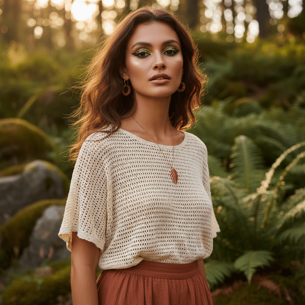 Model with eco-conscious makeup featuring bold forest green eyeliner and biodegradable glitter.