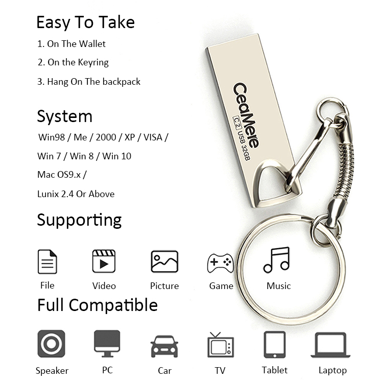 Ceamere C2 Triangel Wholesale USB 2.0 Flash Pen Drives 128GB 64GB 32GB 16GB 8GB 4GB 2GB Metal Pendrive Custom USB Flash Drive