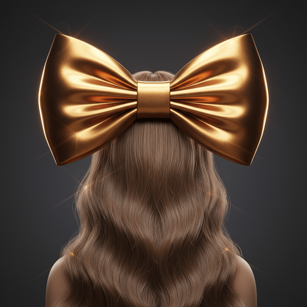 Dramatic molten gold metallic bow with copper undertones on flowing hair, cinematic lighting.