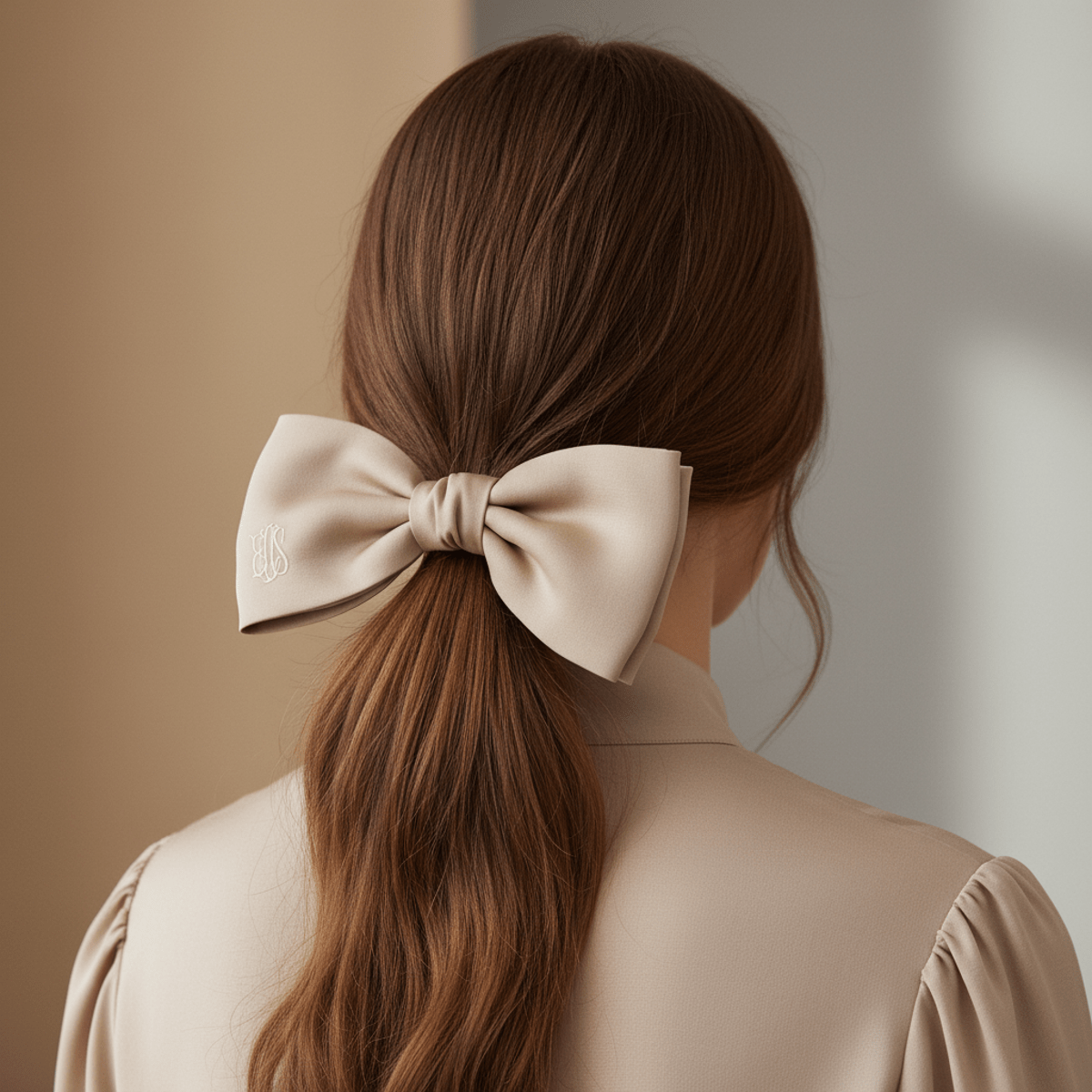 Flowing chestnut hair tied with a champagne silk bow, showing delicate ivory monogram detail.