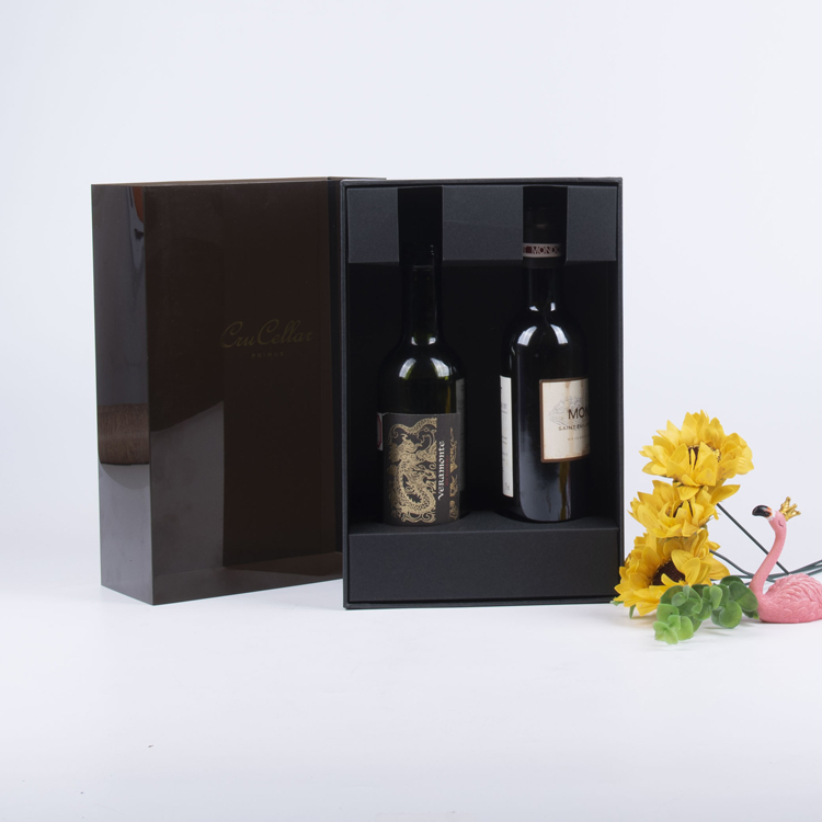 Caja de madera Fábrica de lujo personalizado Logotipo de encargo OEM Black 2 Botella de papel de vino
