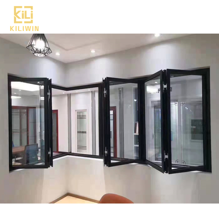 Em estoque estilo Alemão de interiores do escritório preto janelas de alumínio de correr dobrável bi vezes janela de vidro à prova de som para sala de recepção
