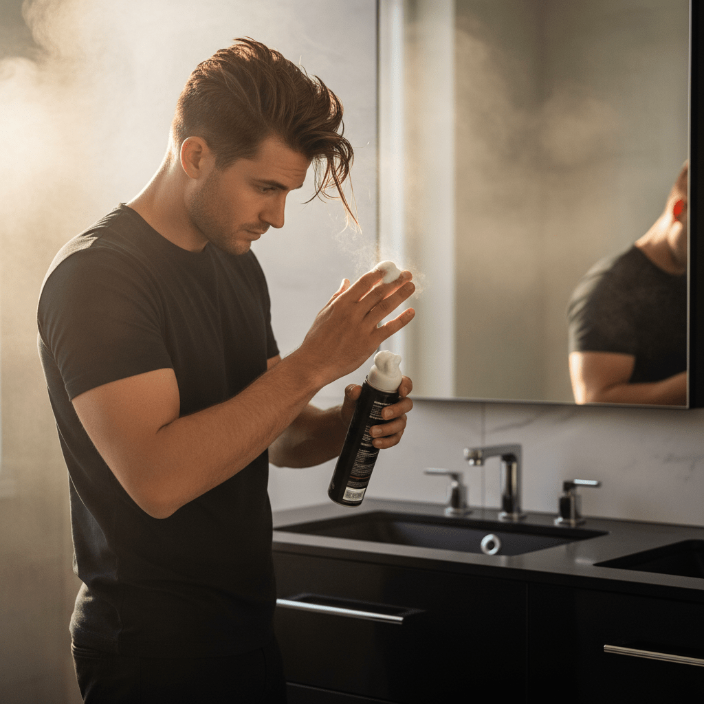 Man applies volumizing mousse to textured quiff hair in a modern bathroom.