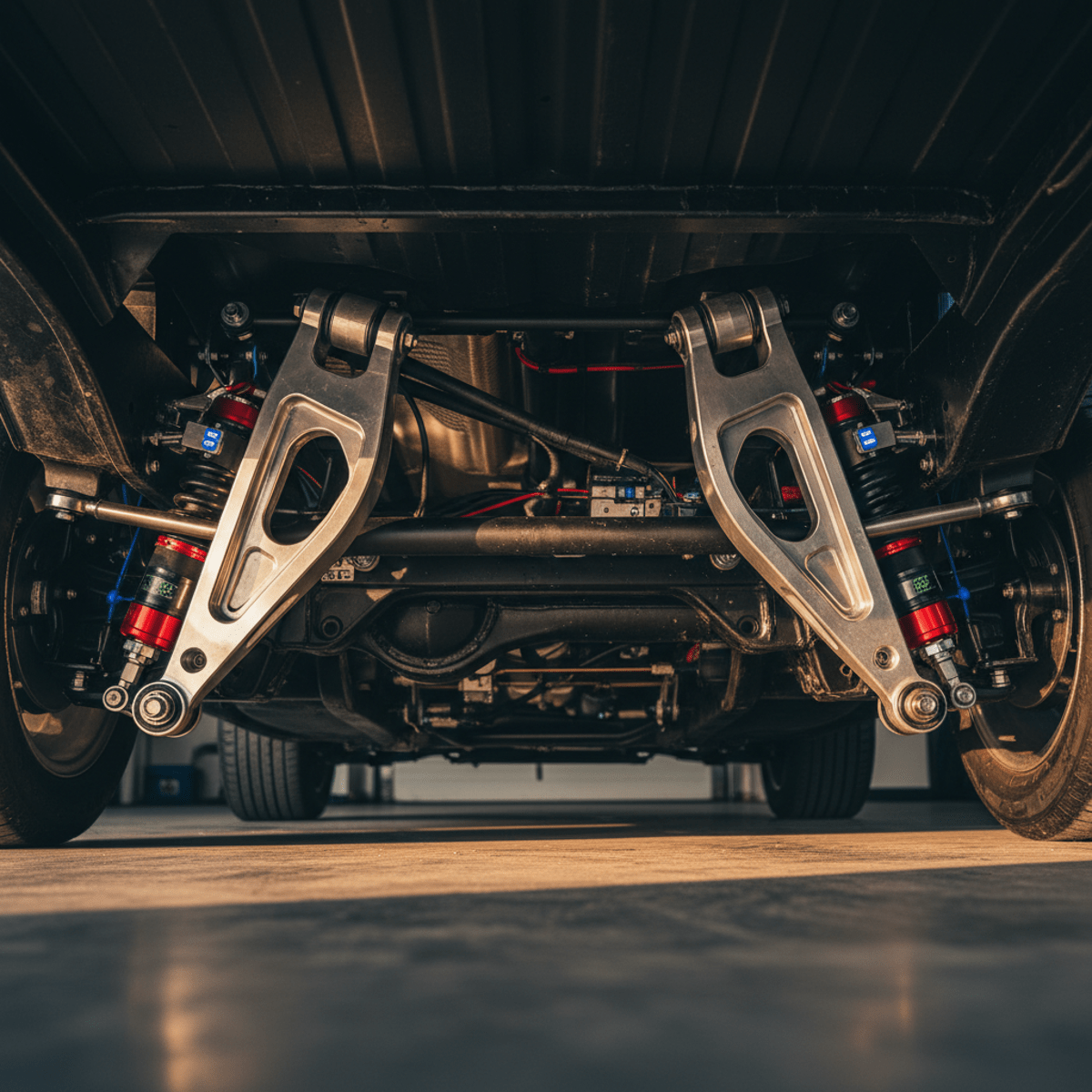 Detailed view of modern four-link suspension on vintage muscle car with billet aluminum.