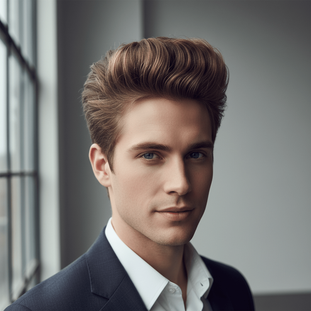 Male model with a dramatic, voluminous blown-out quiff hairstyle in a modern studio.