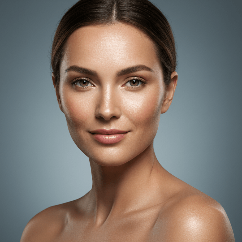 Professional studio portrait of a woman with a flawless, seamless spray tan glow.