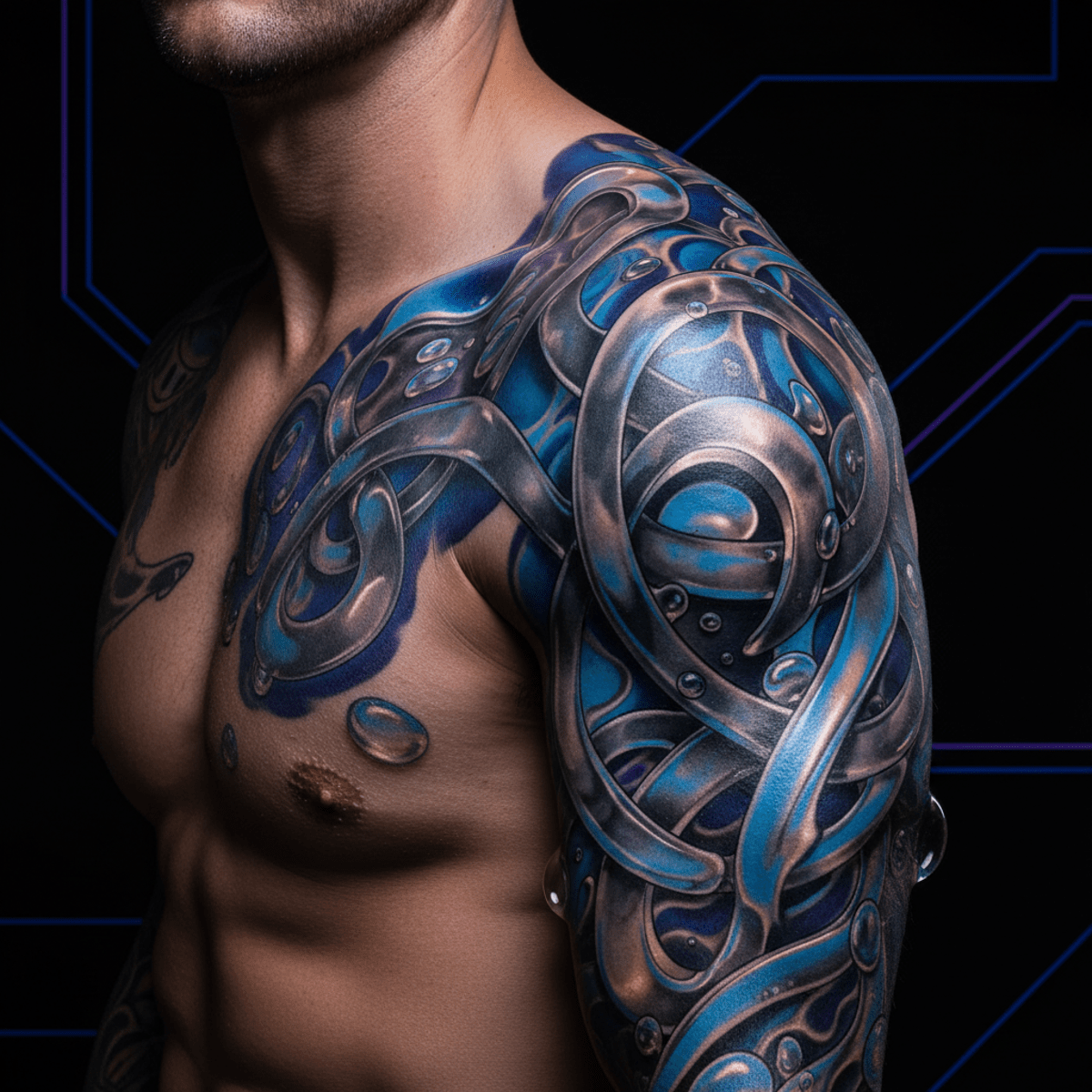 Male upper arm with Y2K tattoos featuring metallic chrome, holographic, and bubble designs.