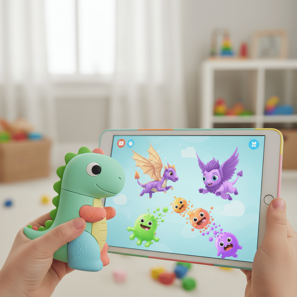 Child's dinosaur toothbrush interacts with AR plaque monsters on a tablet.