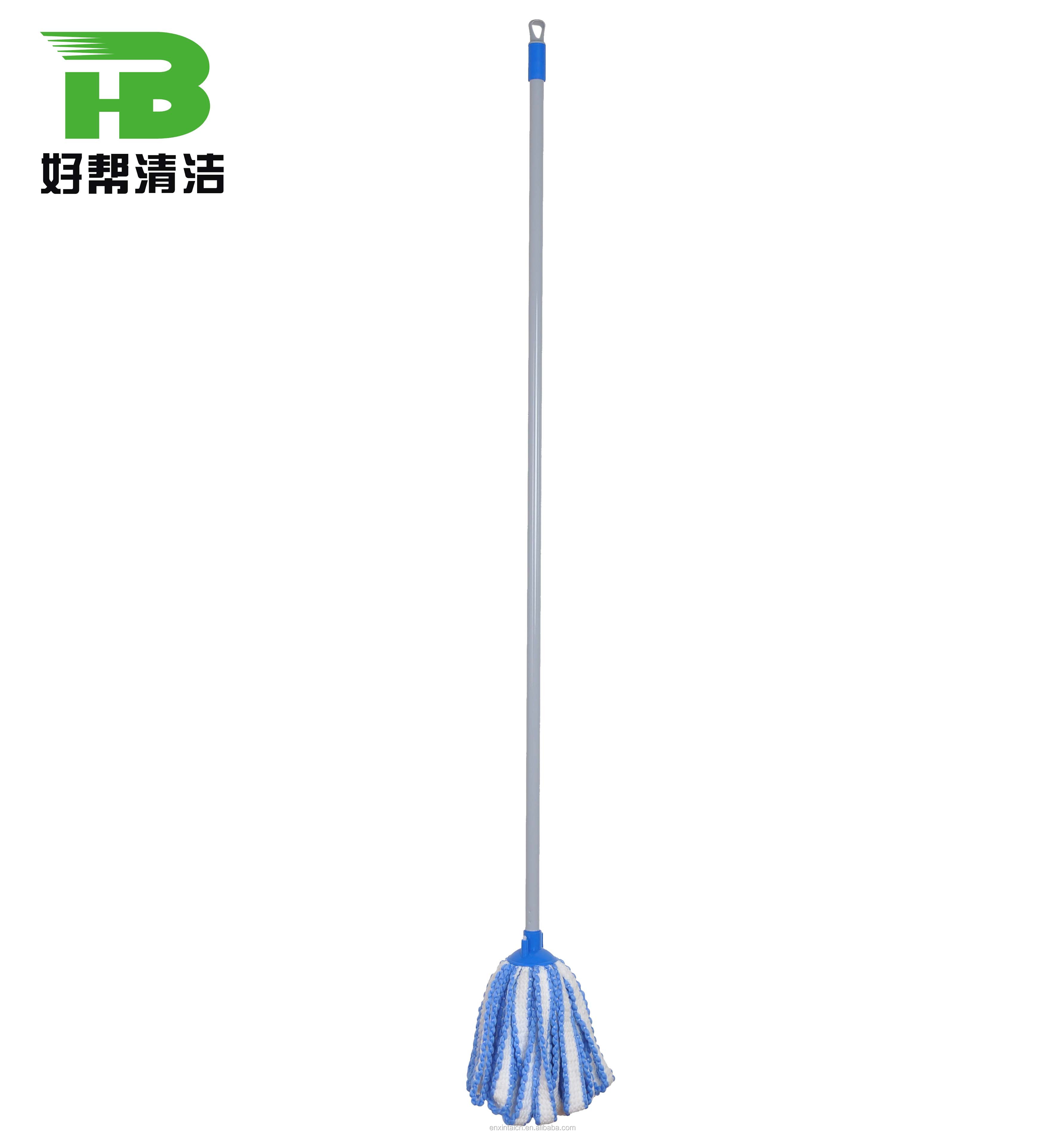 Plastic woven  polyester mop head with painted iron stick white and blue  color made in China