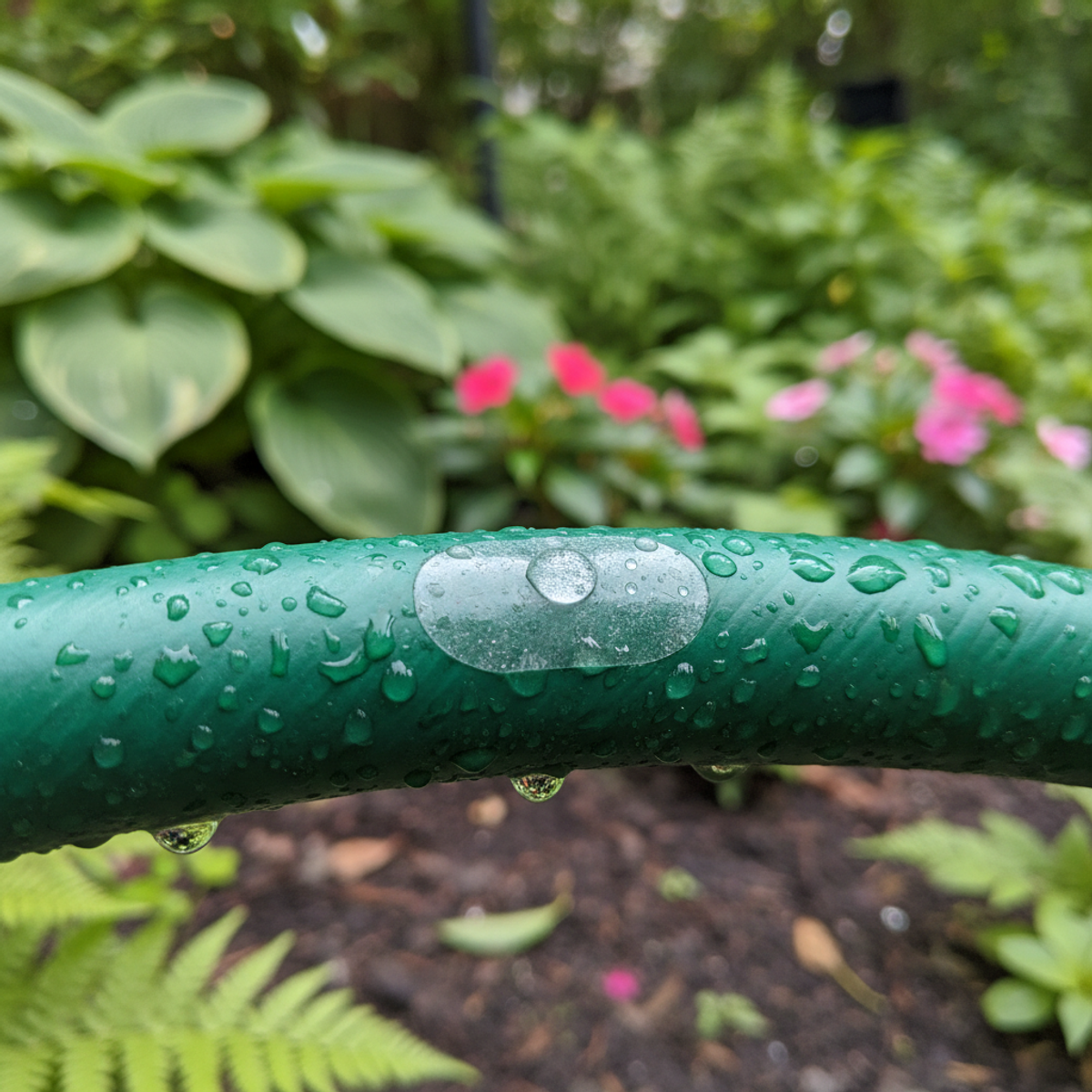 Textured green rubber hose with a small waterproof patch repairing a pinhole leak.