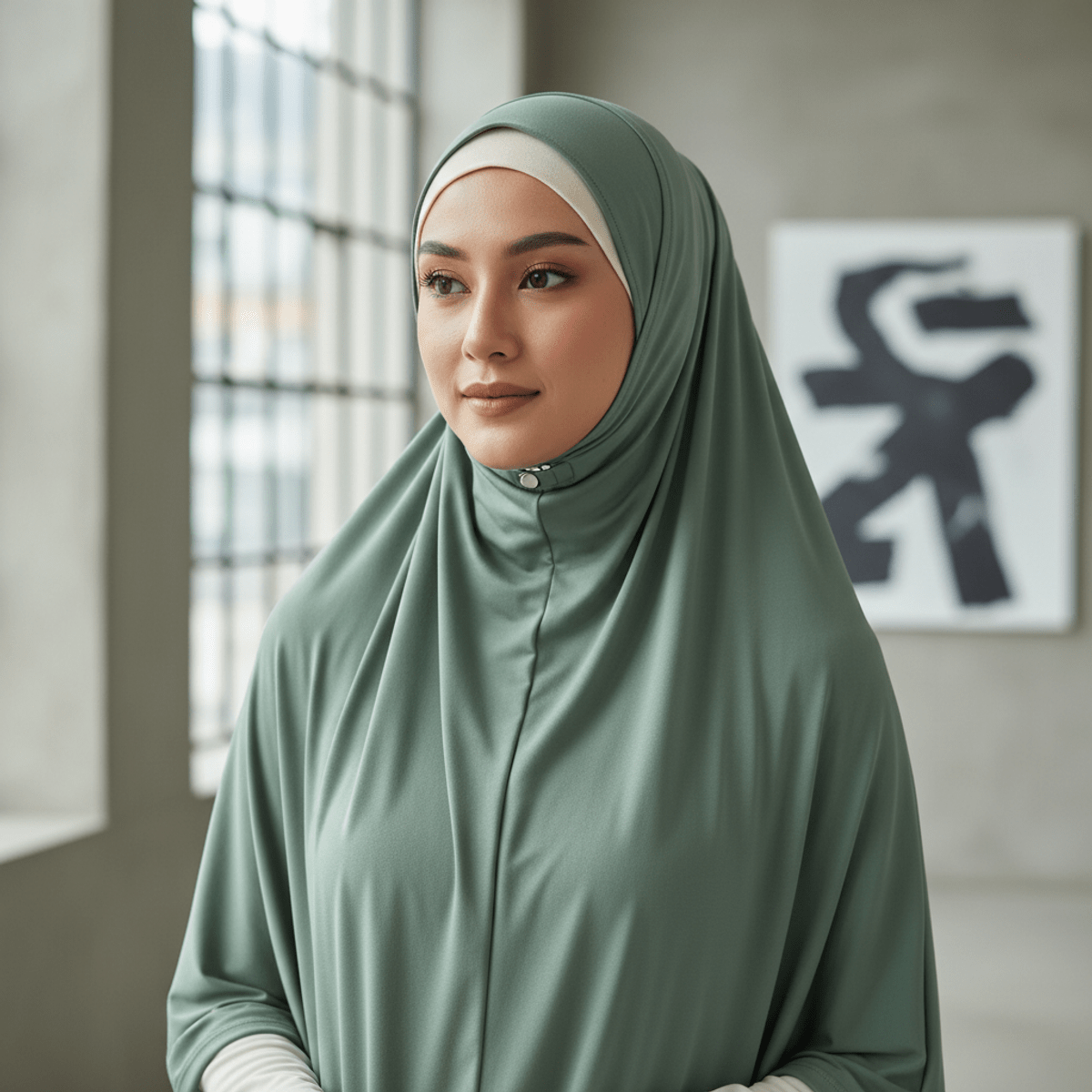 Elegant modern instant hijab with seamless coverage Modern instant hijab in smooth, wrinkle-resistant jersey fabric draped elegantly.