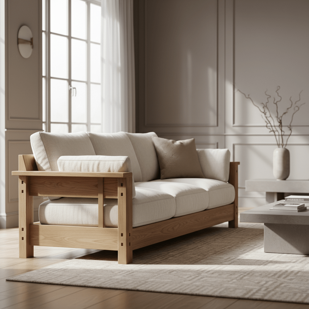 Quiet luxury living room with cream cashmere blend sofa and natural light.