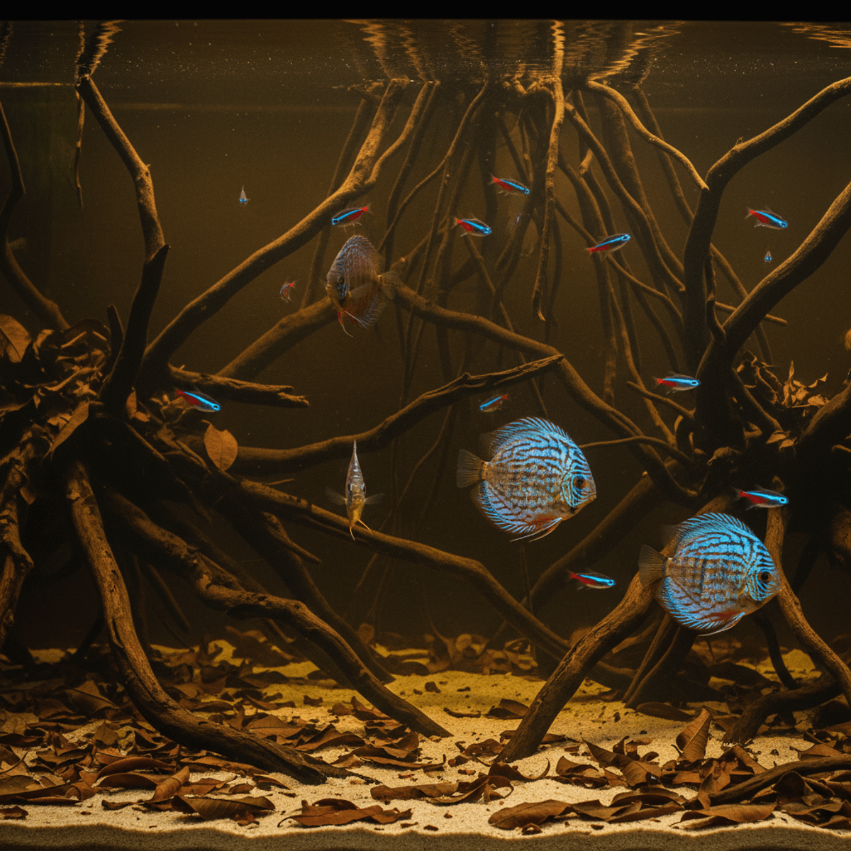 Dimly lit blackwater aquarium with driftwood and schooling tetras.