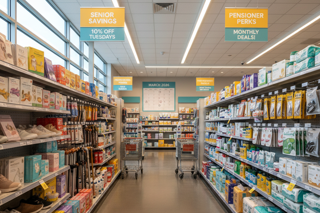 Wide shot of neatly stocked retail shelves with senior-focused promotional materials under natural light, reflecting strategic inventory management around pension payment cycles