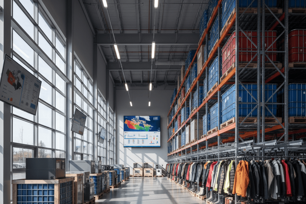 Stacked containers and weather-sensitive goods in a well-lit warehouse, reflecting smart procurement strategies amid climate variability
